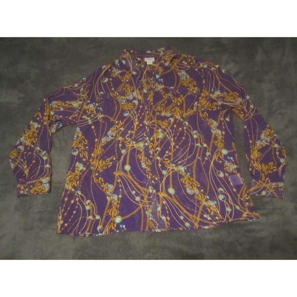 Jaclyn Smith Collection Button Up Shirt Womens XL Purple Chain Print Top